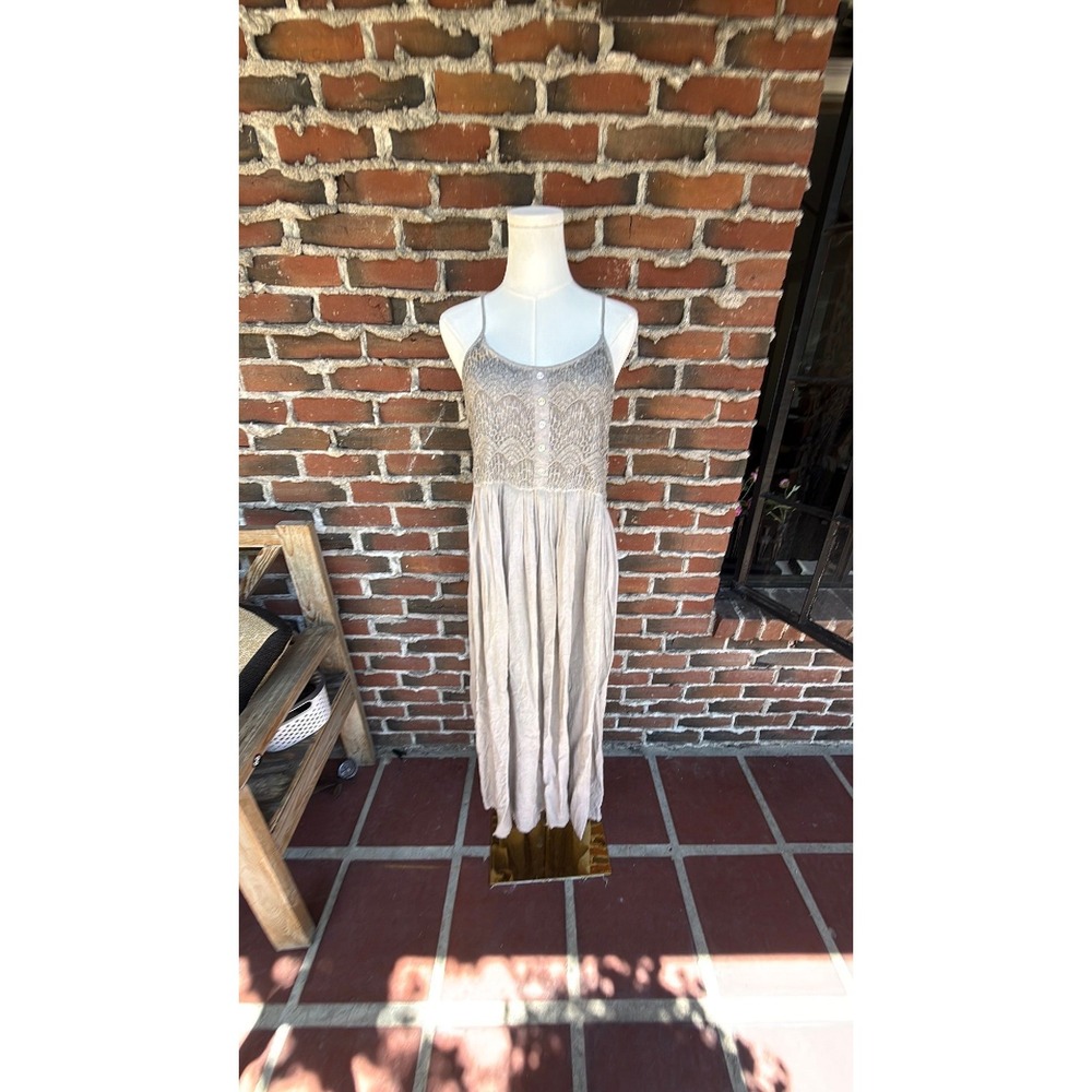 Oddi Taupe Crochet Lace Bodice Maxi Dress Sleeveless Boho Button Front Small